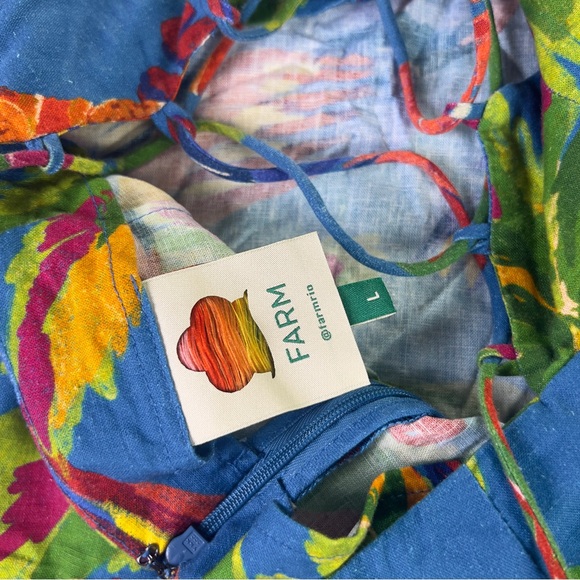 Farm Rio Sunny Day Linen Blend Mini Dress Women Large Blue Tropical Lace Up Back - Picture 9 of 10